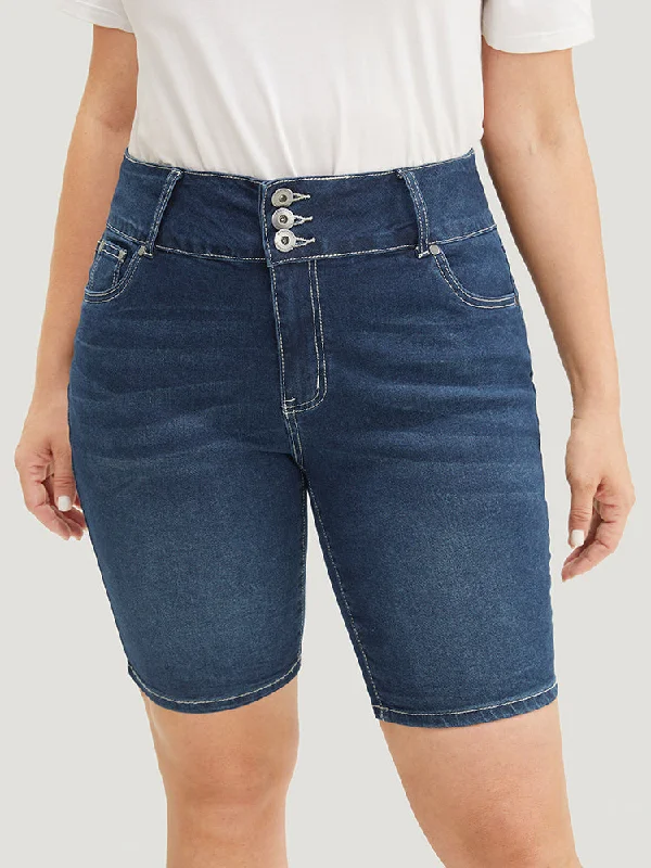 Women's denim shorts and a t-shirt dress-Slightly Stretchy  High Rise Black Wash Denim Shorts