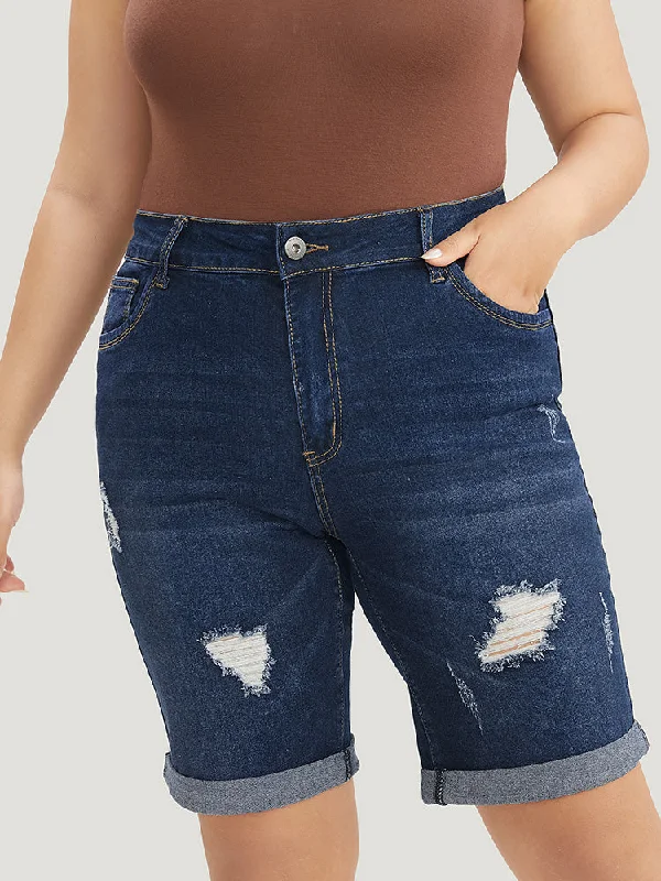 Women's denim shorts with a mom fit-Slightly Stretchy High Rise Dark Wash Distressed Denim Shorts