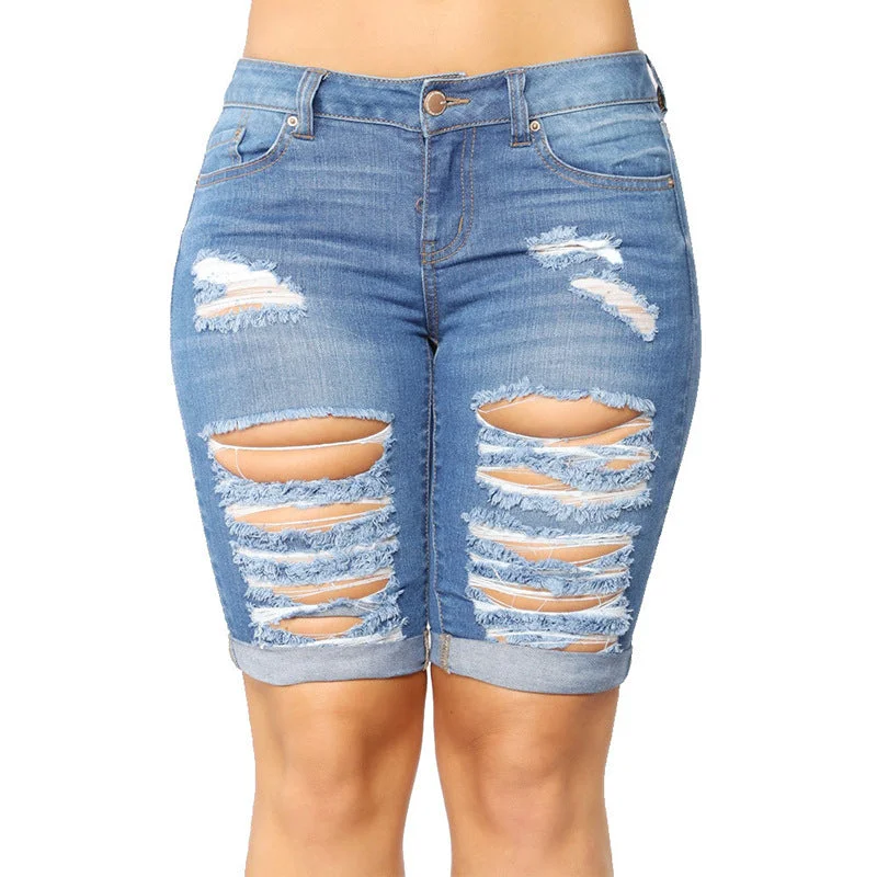 Women's denim shorts for summer-Slim Fit Ripped Denim Shorts Wholesale Womens Clothing N3823090500058 Women's denim shorts for summer-Slim Fit Ripped Denim Shorts Wholesale Womens Clothing N3823090500058