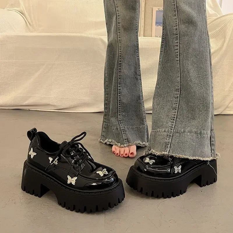 Stylish Platform Heels for Extra Height--Sohiwoo Black Platform Butterfly Shoes for Women Heels Designer Kawaii Lolita Pumps Harajuku Korean Fashion Footwear 2024