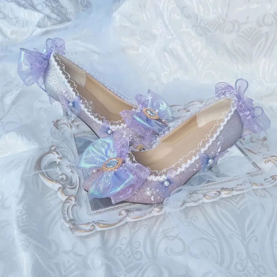 Sohiwoo Court Retro Style Sweet Lolita Cosplay Flower Wedding Elegant Tea Party Girl Bow Pearl Lace 6cm Purple Dream High Heeled Shoes---Charming Bow Pumps for a Cute and Stylish Look