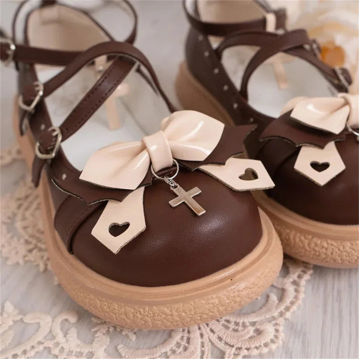 Sohiwoo Japanese Style Shoes Jk Lolita Cosplay Victoria Sweet Girl Kawaii Round Head Bow Metal Cross Hollow Love Buckle Low Heeled Shoes---Charming Bow Pumps for a Cute and Stylish Look