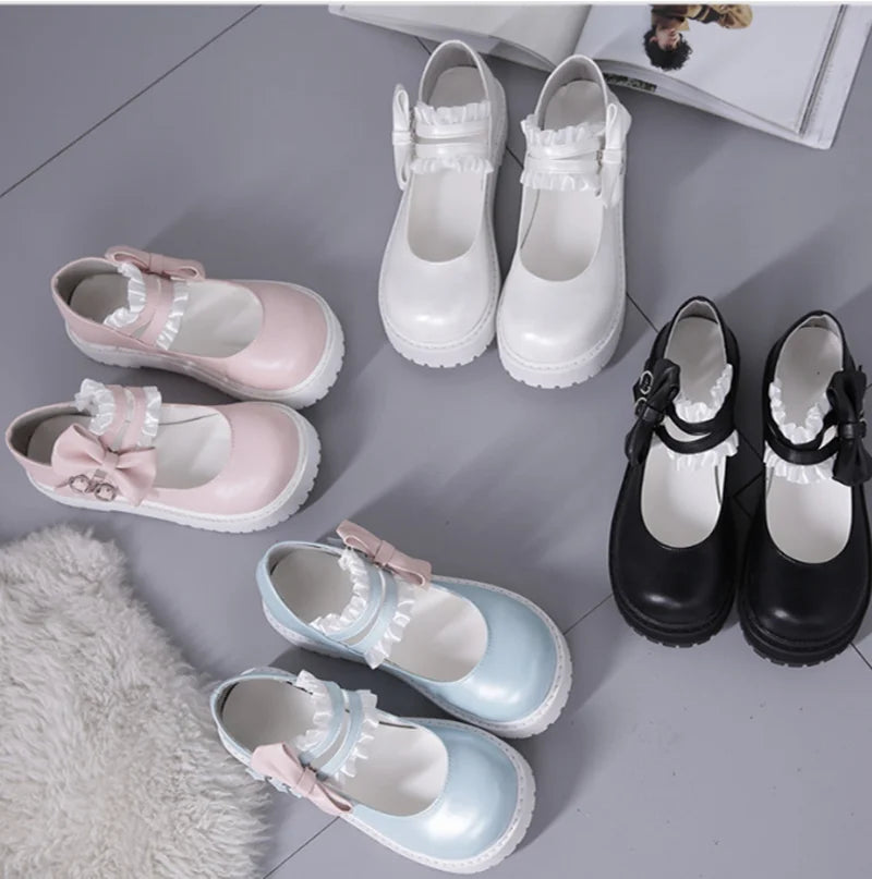 Sohiwoo Kawaii Girl Lolita Shoes Low Heel Round Head Lace Bowknot Comfortable Kawaii Shoes Tea Party Women Shoes Sweet Lolita Loli Cos---Charming Bow Pumps for a Cute and Stylish Look