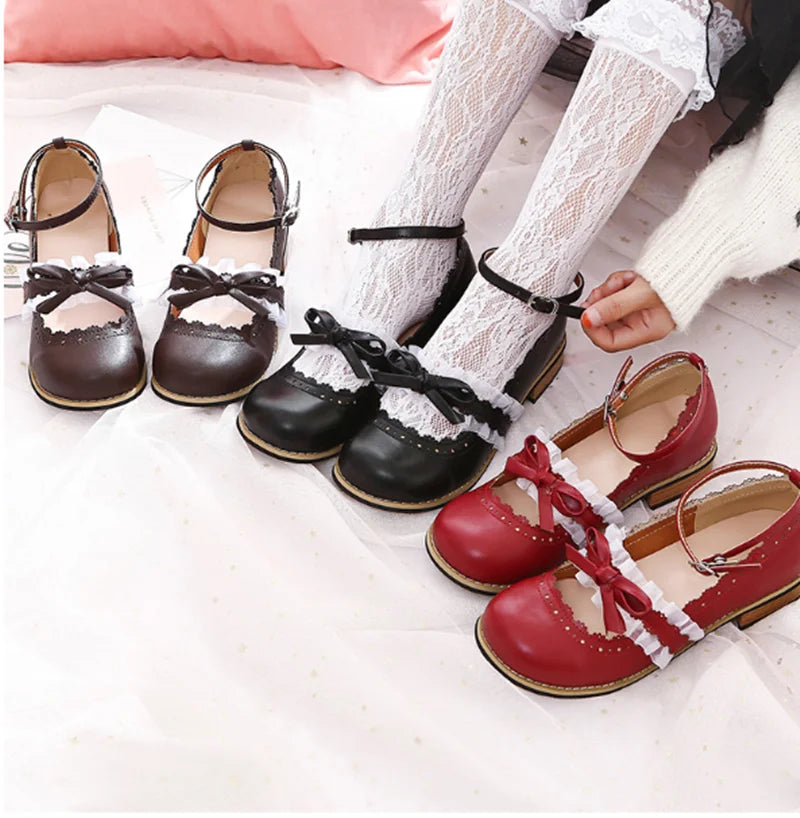 Sohiwoo kawaii shoes vintage lace bowknot round head low heel women shoes loli cosplay cos sweet lolita shoes tea party kawaii princess---Charming Bow Pumps for a Cute and Stylish Look