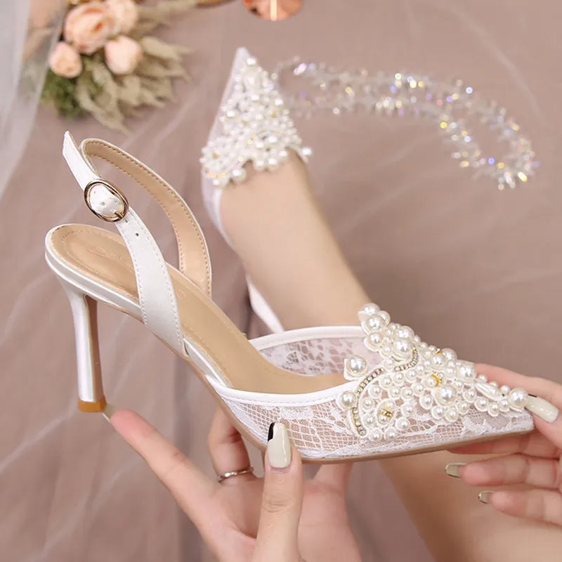 Stiletto Heel Pumps with Perfect Fit--Sohiwoo  Luxury Pearl Lace Women's Slingbacks Pumps Pointed Toe Thin Heels Wedding Shoes Women Elegant Super High Heels Pumps-Fashionable & Classic