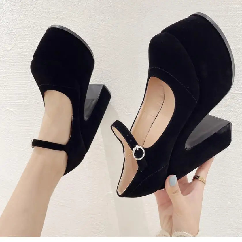 Stylish Ankle Strap Heels for Women--Sohiwoo New Chunky Heeled Ankle Strap Pumps Sweet Platform Black Square Heel Woman High Heels Pumps Platform Shoes Dress Work Shoes