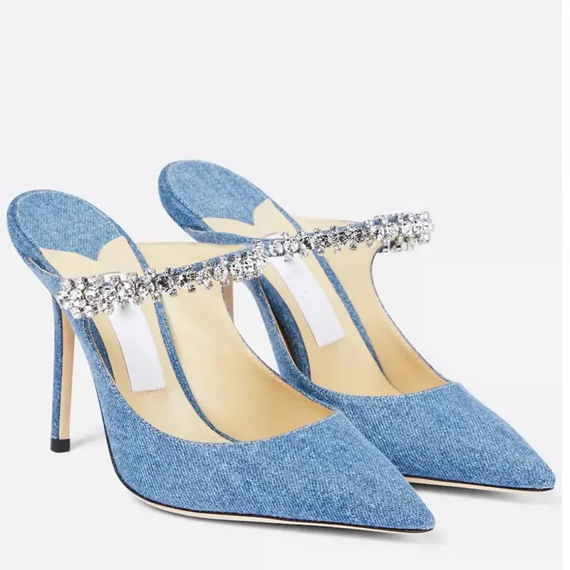 Affordable Rhinestone Pumps for a Dazzling Look---Sohiwoo Pointed High Heels Summer New Baotou Rhinestone Slippers for Women