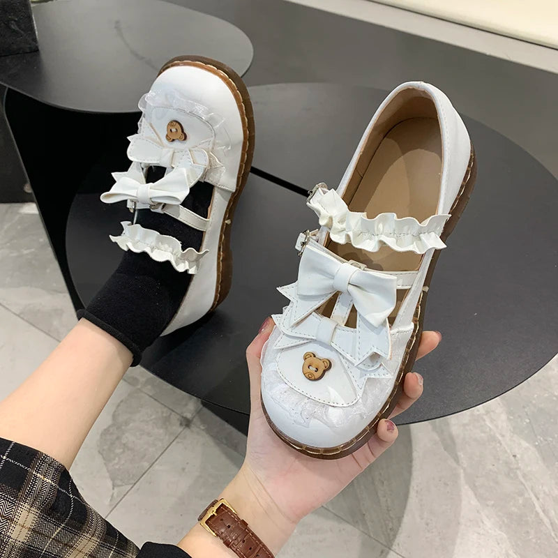 Sohiwoo Princess sweet lolita shoes cute student daily bowknot leather shoes round head flat heel women daily shoes cosplay loli---Charming Bow Pumps for a Cute and Stylish Look