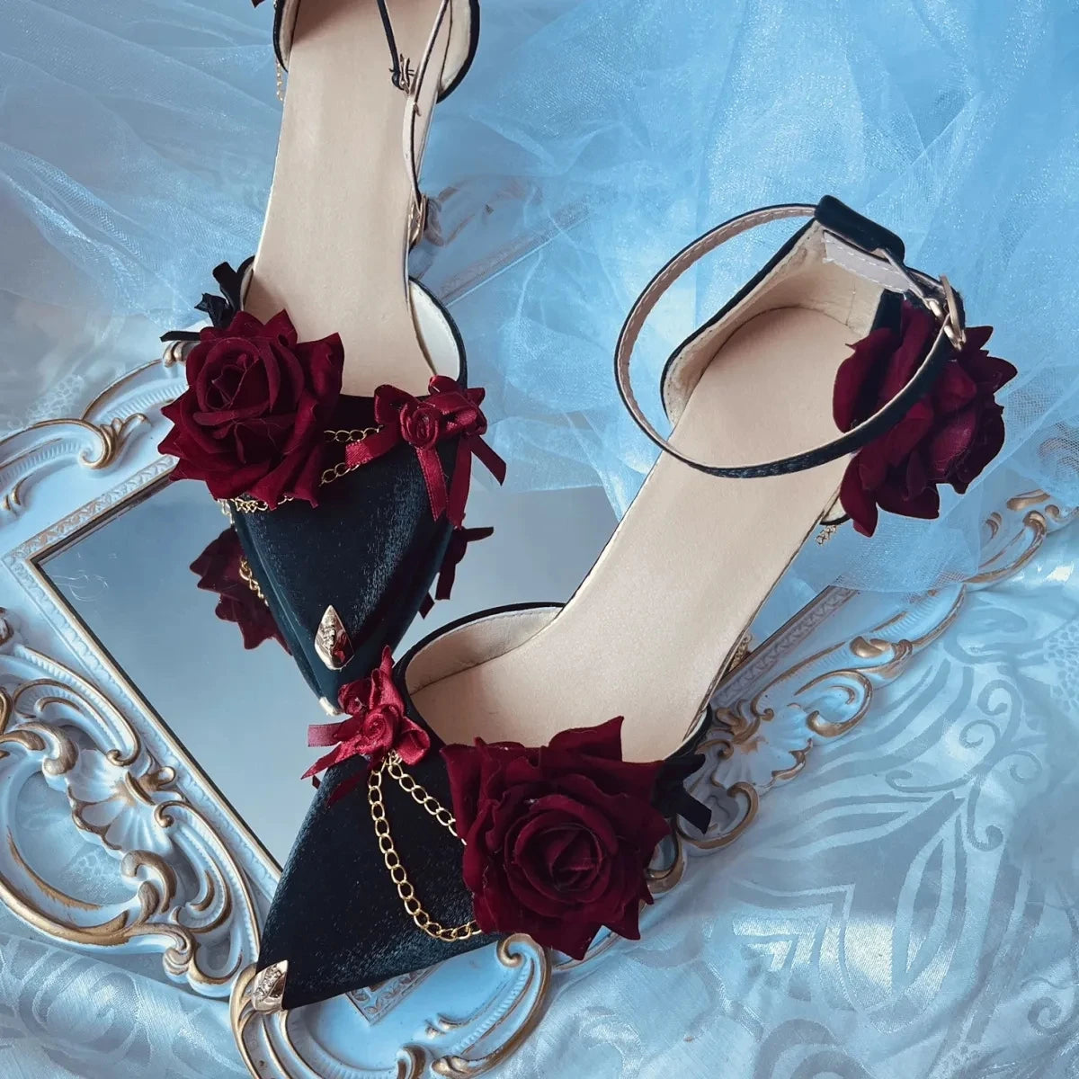 Sohiwoo Retro Elegant Cosplay Flower Wedding Loli Girl Gorgeous Red  Black Satin Rose Metal Fine Chain Pointed 8cm High Heeled ShoesAffordable Satin Heels with a Luxe Touch