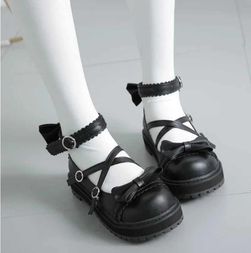 Sohiwoo Round Head Women Shoes Kawaii Girl Sweet Lolita Cosplay Shoes Loli Cos Japanese Sweet Lolita Shoes Cute Bowknot Low Heel---Charming Bow Pumps for a Cute and Stylish Look