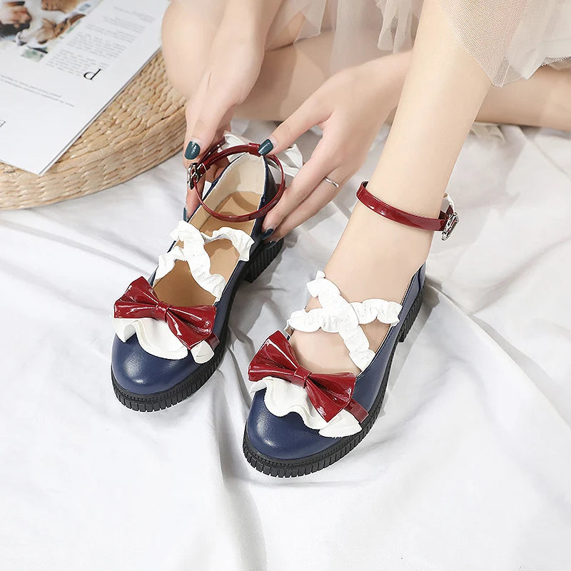 Sohiwoo Summer Princess Sweet Lolita Shoes Cute Student Daily Bowknot Leather Shoes Round Head Thick Heel Women Shoes Cosplay Loli---Charming Bow Pumps for a Cute and Stylish Look