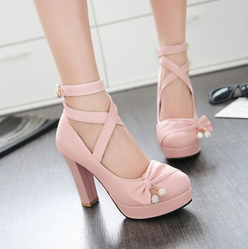 Sohiwoo Sweet Lolita Shoes Jk Uniform Cross Strap Round Head Thick Heel Cute Bowknot Kawaii Shoes Cosplay Princess Loli Women Shoes---Charming Bow Pumps for a Cute and Stylish Look