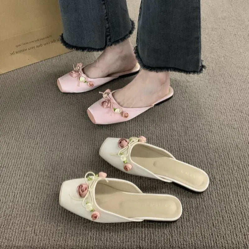 Sohiwoo Women Slippers Summer New Elegant Square Toe Silk Flower Flat Slippers Female Slip on Shoes Low Heel Beach Slides Muje---Durable Square Toe Block Heels for Everyday Use