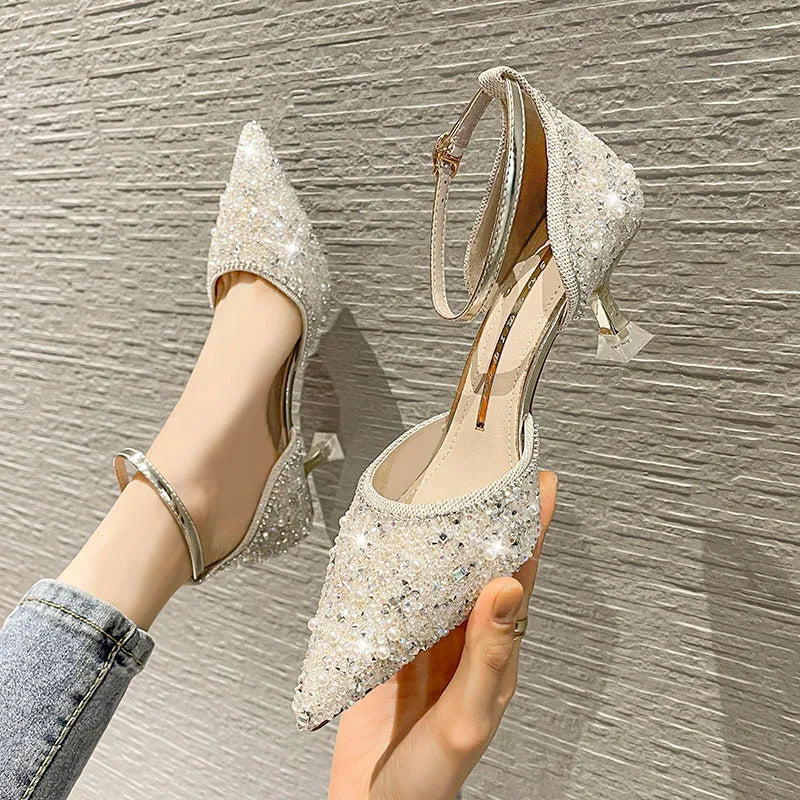 Stylish Ankle Strap Heels for Women--Sohiwoo Women's High Heels New Ankle Strap Crystal High Heels Women's Pointy Skinny Heels Wedding Party Shoes Elegant Women's Shoes