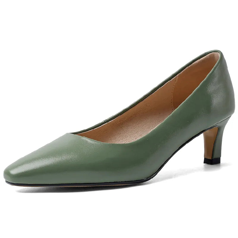 High Heels Pumps Shoes Woman Elegant Genuine Leather Black Nude Green---Comfortable Leather Pumps for Office and Everyday Wear