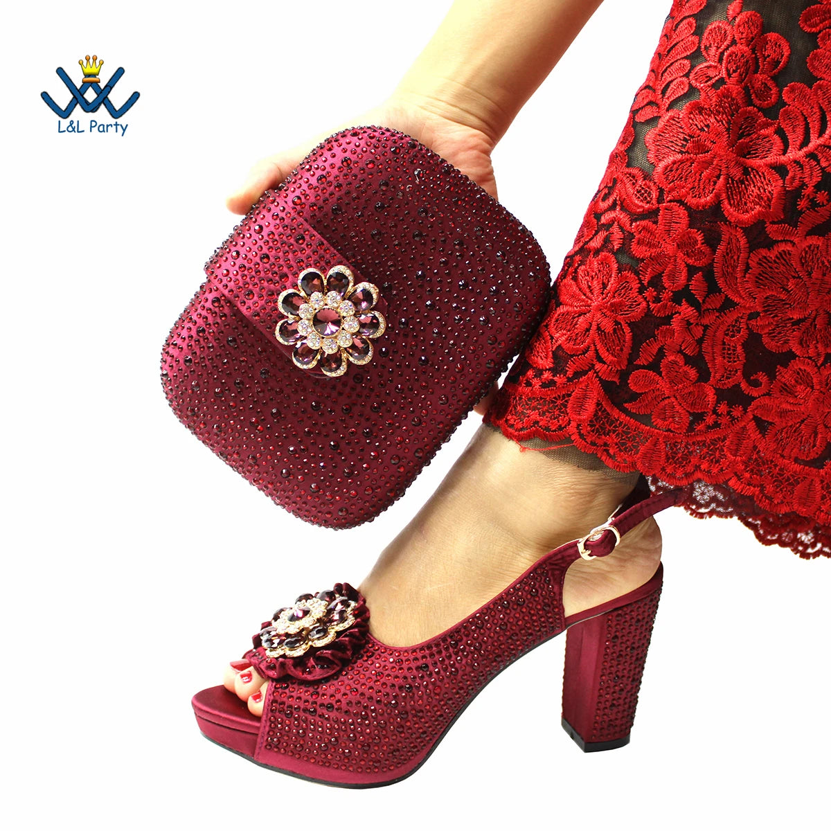 Spring Autumn High Quality Peep Toe Shoes Matching Bag Set in Wine Color