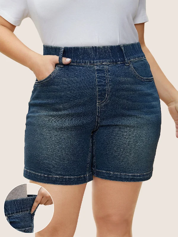 Fit new best world has to best for all denim or jeans -Straight Leg Pocket Elastic Waist Denim Shorts Fit new best world has to best for all denim or jeans -Straight Leg Pocket Elastic Waist Denim Shorts