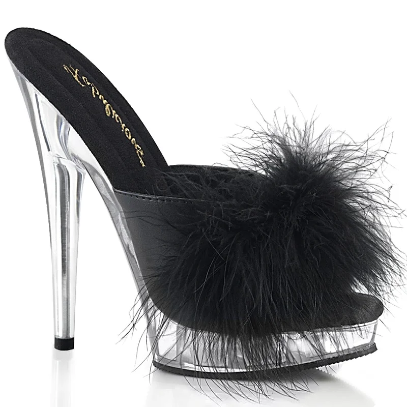 Versatile Heeled Sandals for Any Occasion---SULTRY-601F Black Pu-Marabou Fur/Clear