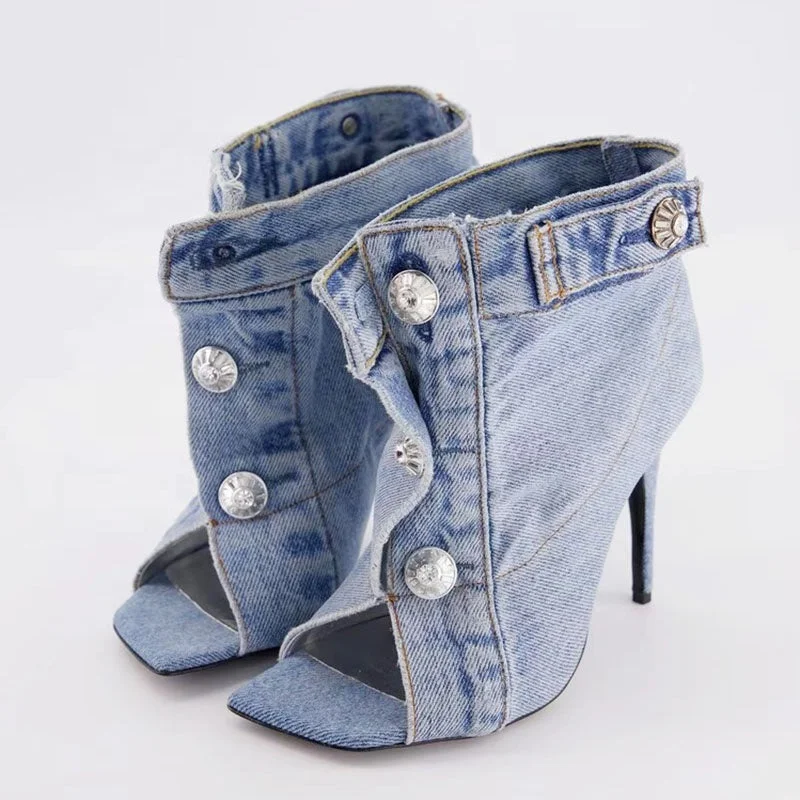 Women's denim shorts for a night out-Summer Square Open Toe  High-Heeled Short Boots Denim Ankle Booty Women Stiletto Sandals Front Buckles Jeans Shoes