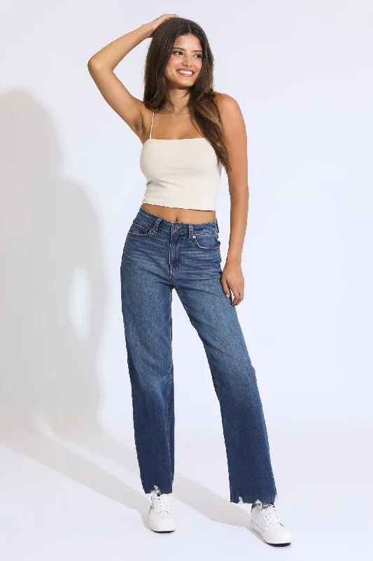 Women's denim jeans with a awareness change cause design embellishment-SUPER HIGH RISE WIDE LEG JEANS - VINTAGE DARK BLUE/BLACK