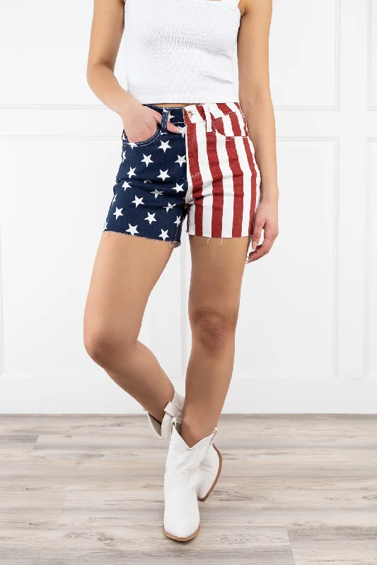 Women's denim shorts with great options on denim style for great to fits :The Liberty from Judy Blue: High-Rise Americana Flag Fray Hem Denim Shorts