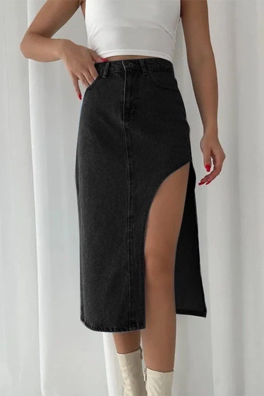 Women's denim skirts for autumn outfits -Thigh slit denim skirt