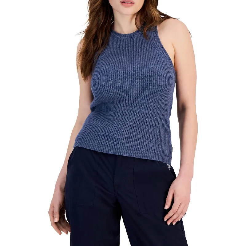 Women's denim tank top with lace details for feminine style -Tommy Jeans Womens Claremont Crochet Trim Knit Tank Top Sweater