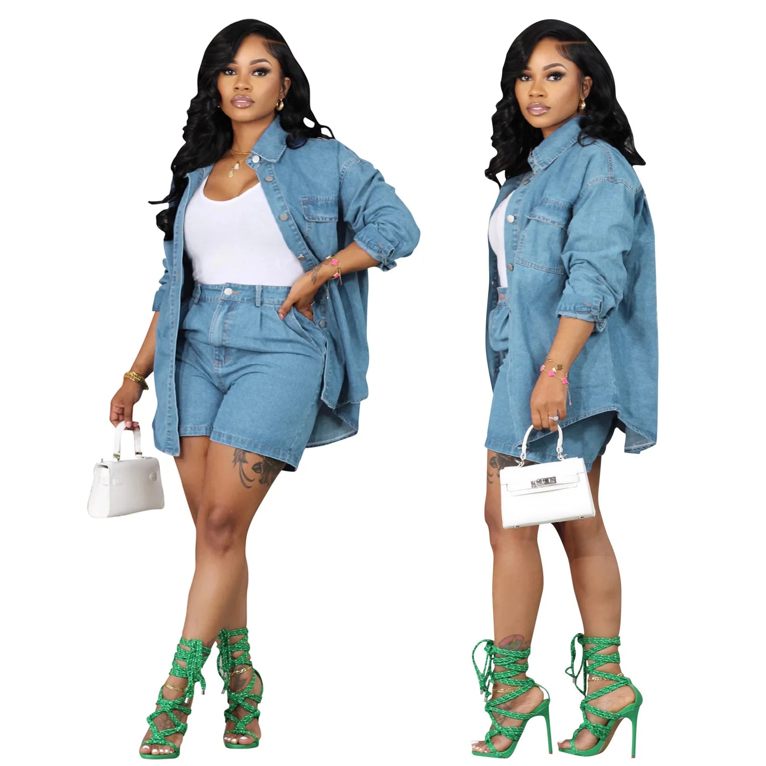 Women's denim set with jacket and pants for stylish look -Trending Fall 2023 Women Clothes 2 Piece Sets Solid Color Long Sleeve Denim Jeans Jackets and Shorts Casual Two Piece Set Women's denim set with jacket and pants for stylish look -Trending Fall 2023 Women Clothes 2 Piece Sets Solid Color Long Sleeve Denim Jeans Jackets and Shorts Casual Two Piece Set