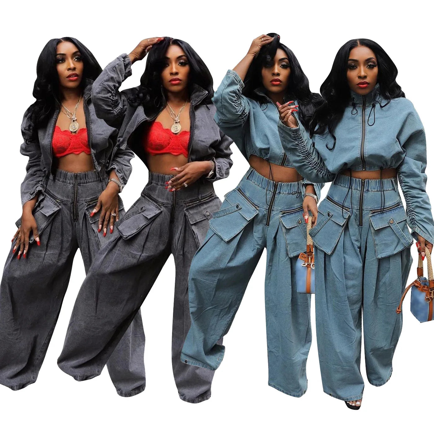 Women's denim set for casual weekend wear -Ts1288 Modest High Quality Wash Zipper Shorts Denim Jacket And Cargo Baggy Jeans Matching Denim Two Piece Set Women's denim set for casual weekend wear -Ts1288 Modest High Quality Wash Zipper Shorts Denim Jacket And Cargo Baggy Jeans Matching Denim Two Piece Set
