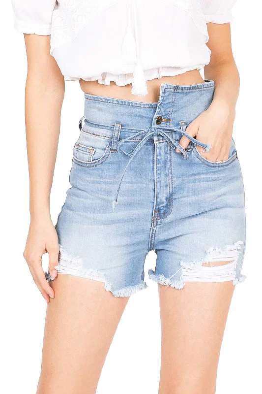 Women's denim shorts with tummy control :Uneven High Rise Shorts