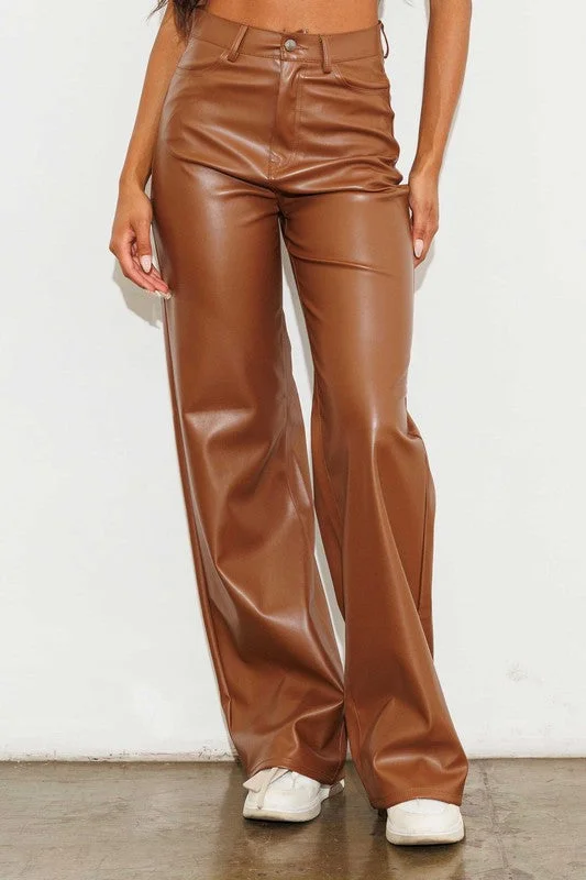Women's denim jeans with a cityscape scene embellishment-Vegan Leather Wide Leg Pants