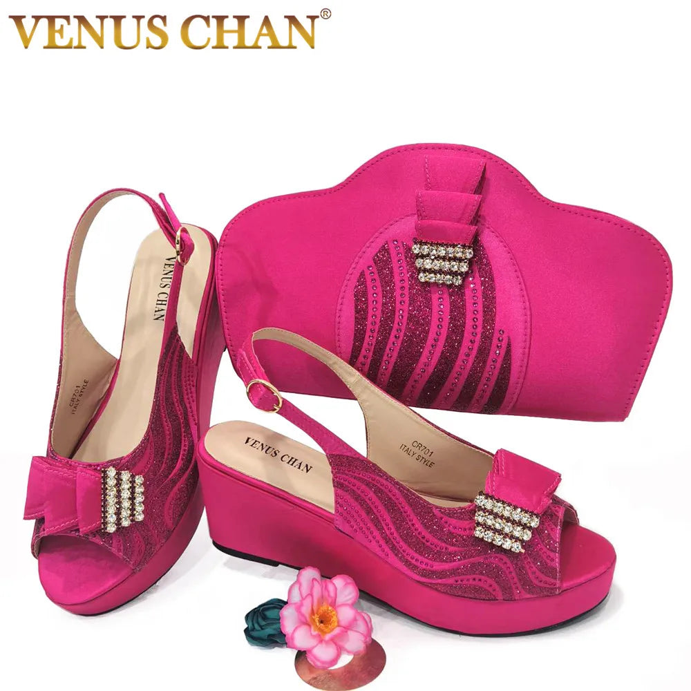 Trendy Chunky Heel Pumps for Casual Wear--Italian Design Wedding Wedges hHigh Heels Fuchsia Color Ladies Shoes