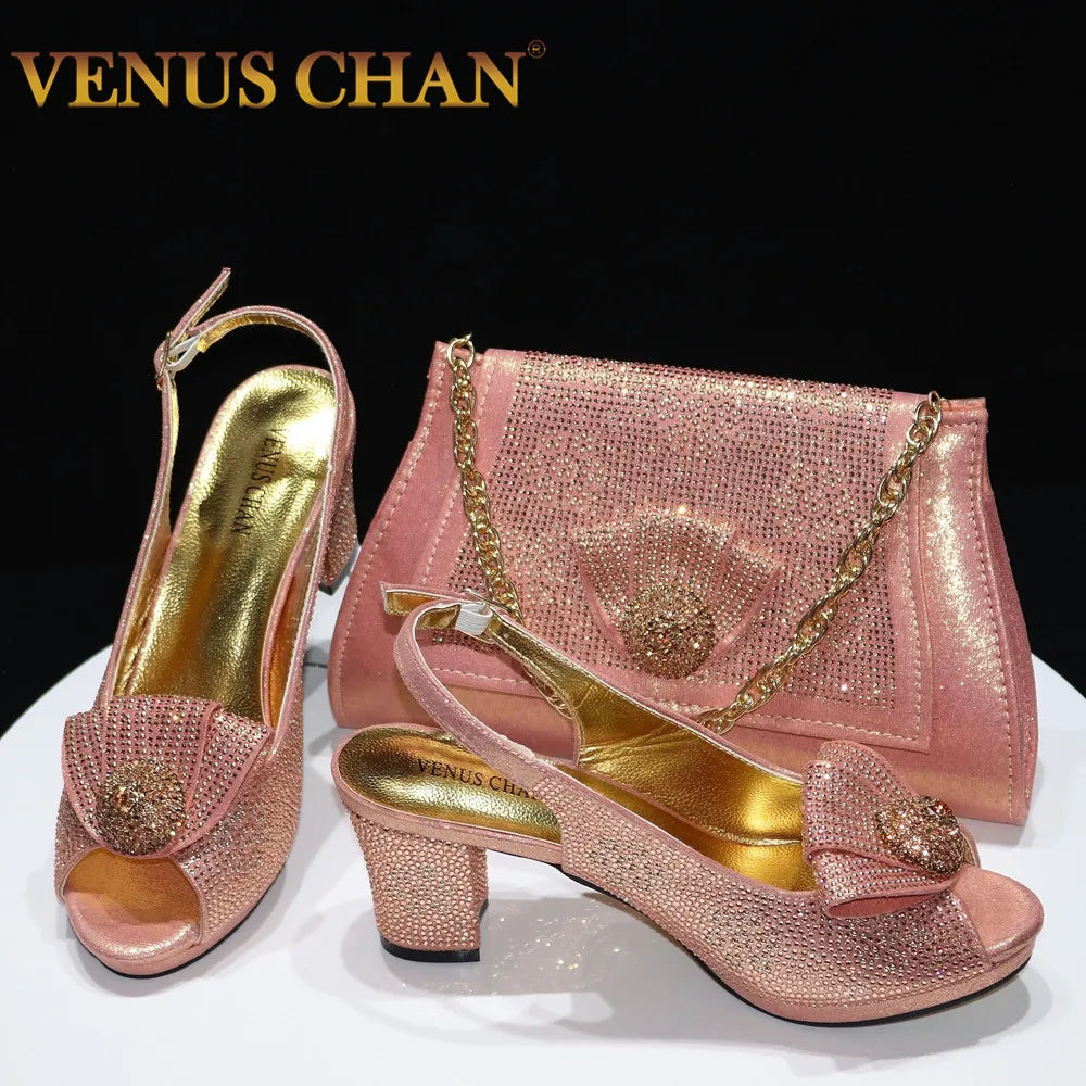 Ladies Thin Heels Shoes and Bag Set Decorated with Rhinestones in Peach