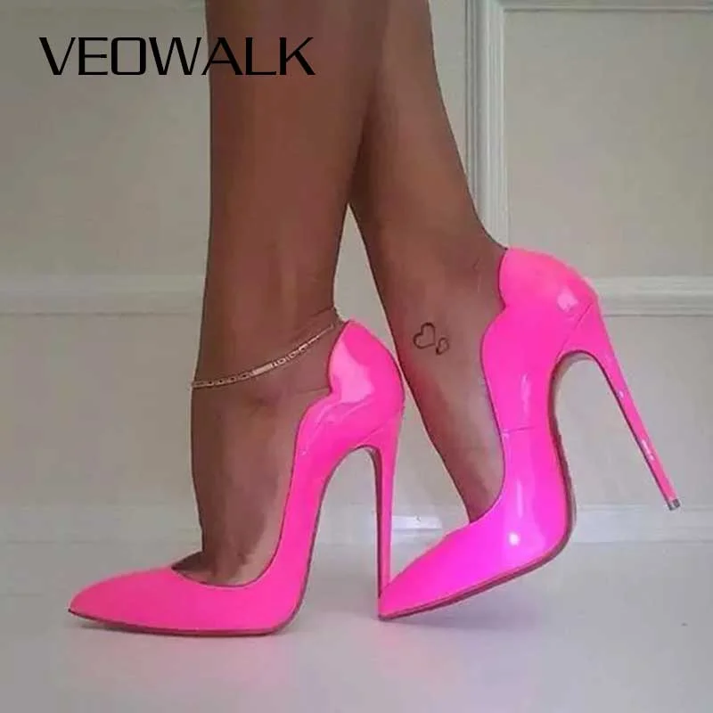 Sleek and Shiny Patent Pump Heels for a Polished Look--Pink Curl Upper Women Patent Pointed Toe Stiletto High Heels