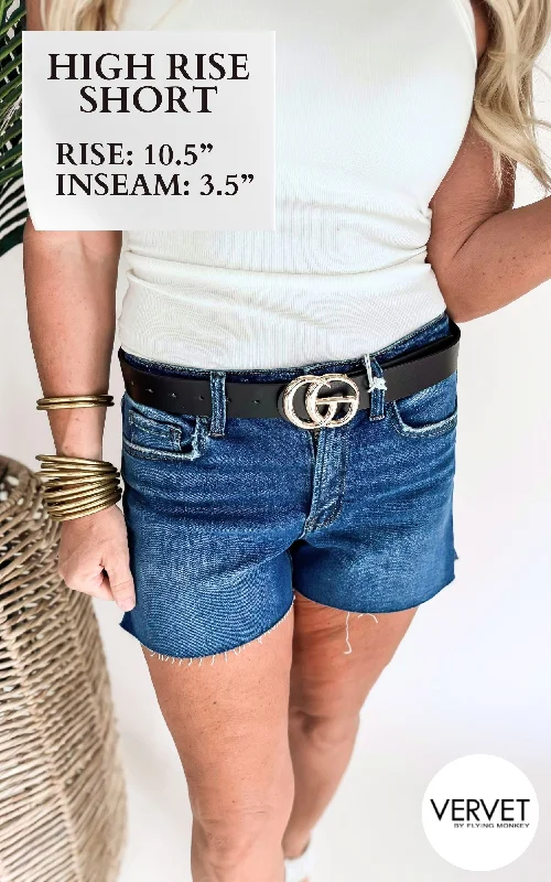 Women's denim shorts with a side stripe-Vervet | Swerve High Rise Raw Hem A-Line Shorts - Final Sale