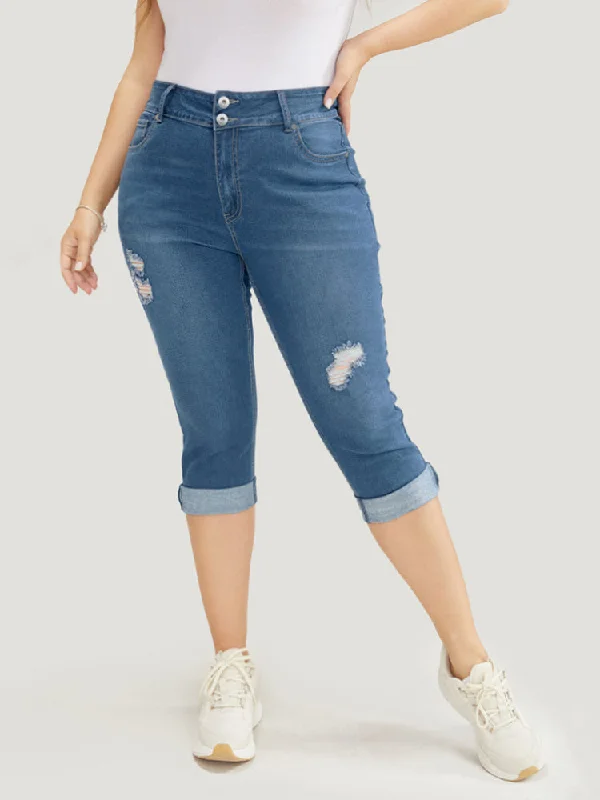 Women's denim shorts for a casual wedding-Very Stretchy Dark Wash Cuffed Hem Distressed Knee Denim Shorts