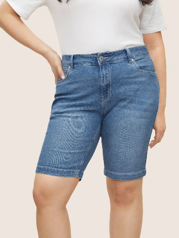 Women's denim shorts for curvy women-Very Stretchy High Rise Dark Wash Denim Shorts