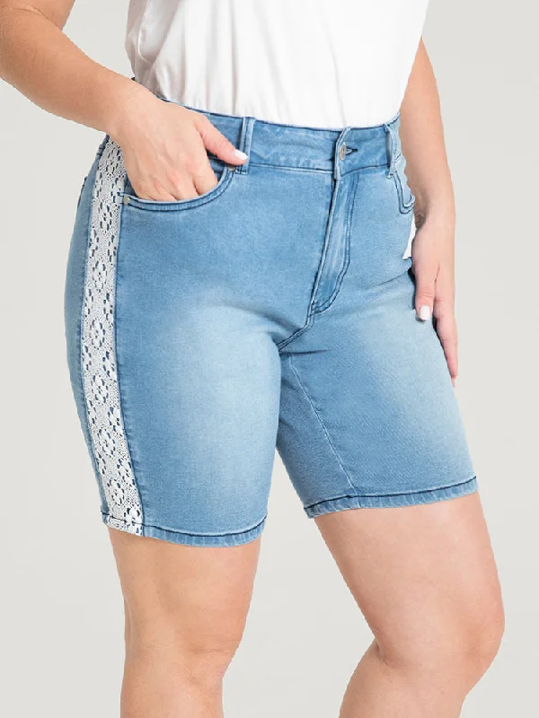 Women's denim shorts for a sporting event-Very Stretchy High Rise Light Wash Contrast Lace Denim Shorts