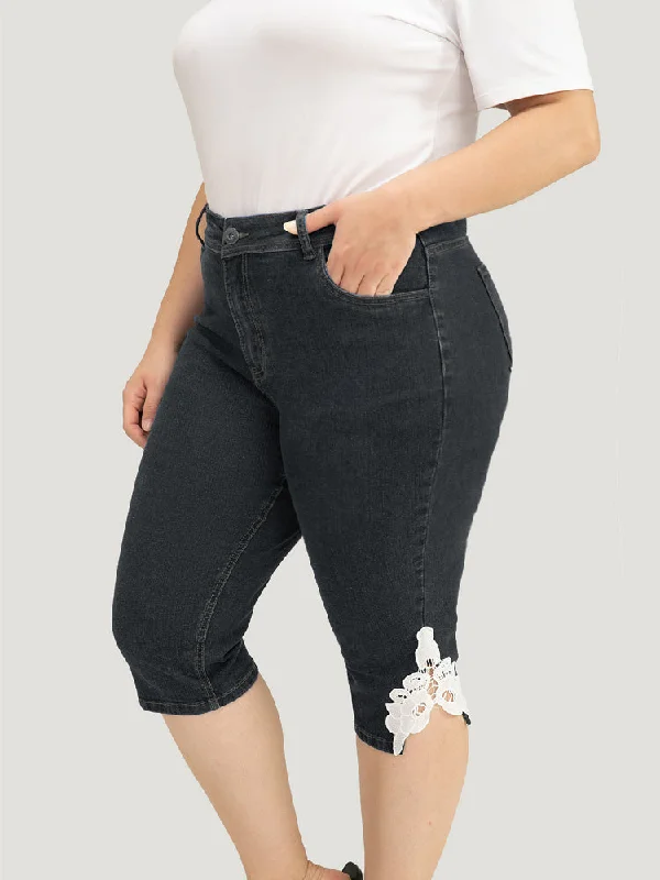 Women's denim shorts for a casual date-Very Stretchy High Rise Medium Wash Guipure Lace Knee Denim Shorts