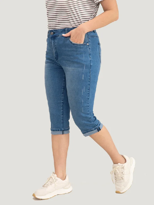 Women's denim shorts for everyday wear-Very Stretchy Medium Wash Roll Hem Knee Denim Shorts
