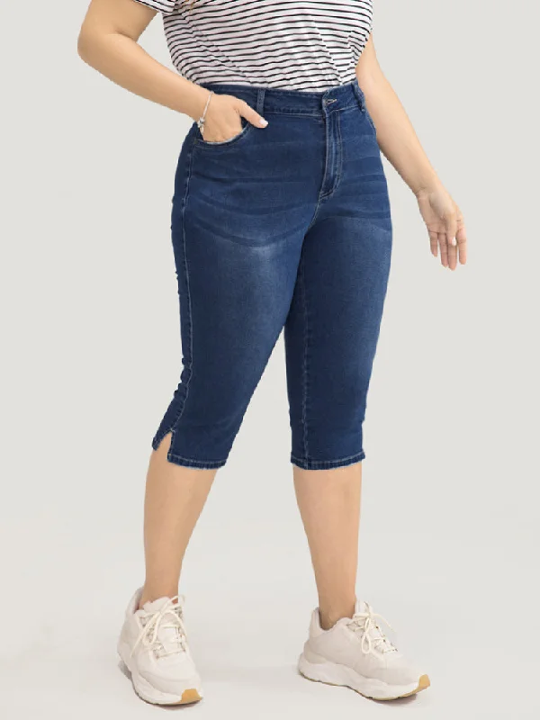 Women's denim shorts and a bodysuit-Very Stretchy Medium Wash Split Hem Knee Denim Shorts