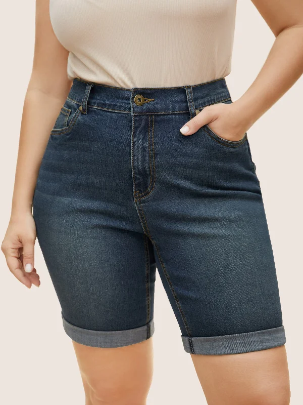 Women's denim shorts with a dark wash-Vintage High stretch Roll Hem Denim Shorts