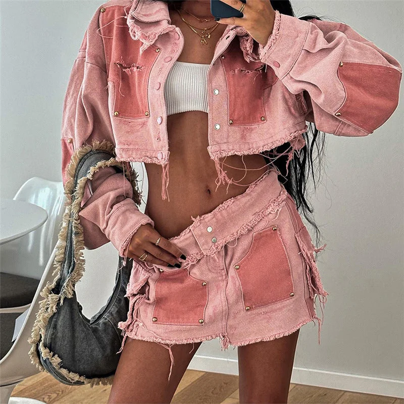 Women's faded denim skirts for casual elegance -W22s34163 Patchwork Crop Jacket And Mini Skirt Pink Denim Jeans Streetwear Loungewear 2 Piece Set Fall 2024 Women Clothes Women's faded denim skirts for casual elegance -W22s34163 Patchwork Crop Jacket And Mini Skirt Pink Denim Jeans Streetwear Loungewear 2 Piece Set Fall 2024 Women Clothes