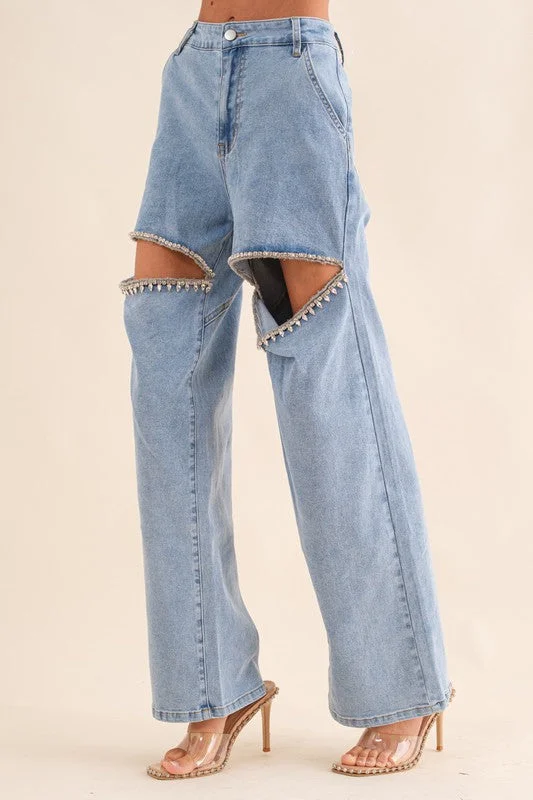 Women's denim jeans with a nut embellishment-Washed Denim Cut Front Rhinestone Jeans