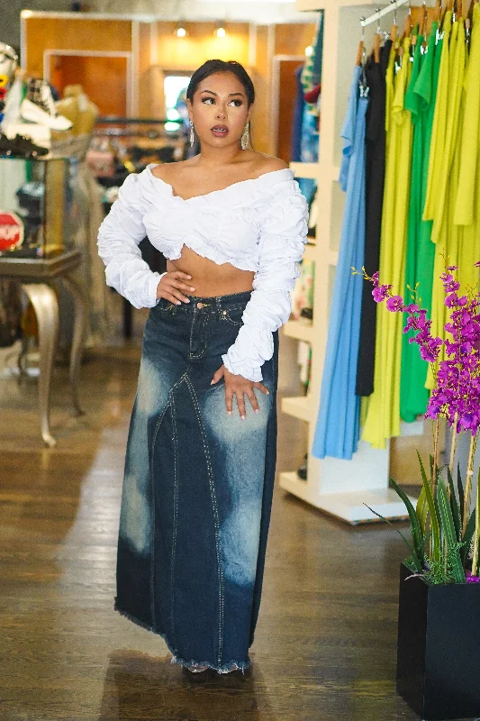 Women's denim skirts with belt loops for added style -Washed Out Long Denim Skirt