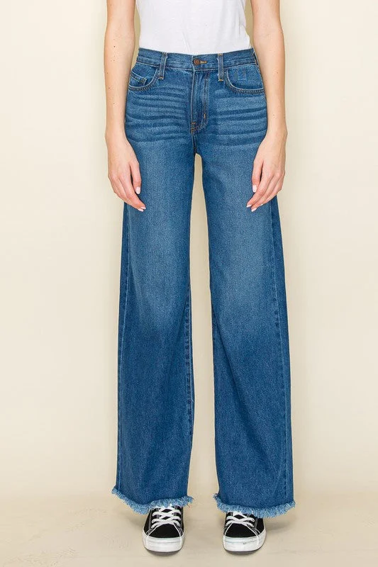 Women's denim jeans with a hook and eye closure-Western denim Wild Leg jeans pants wester