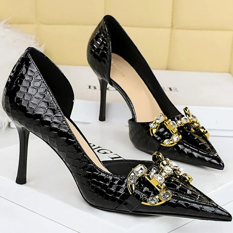 Versatile Dress Heels for Formal and Casual Wear---Western Style 8cm High Heels Side Hollow Pumps Lady Luxury Designer Metal Chain