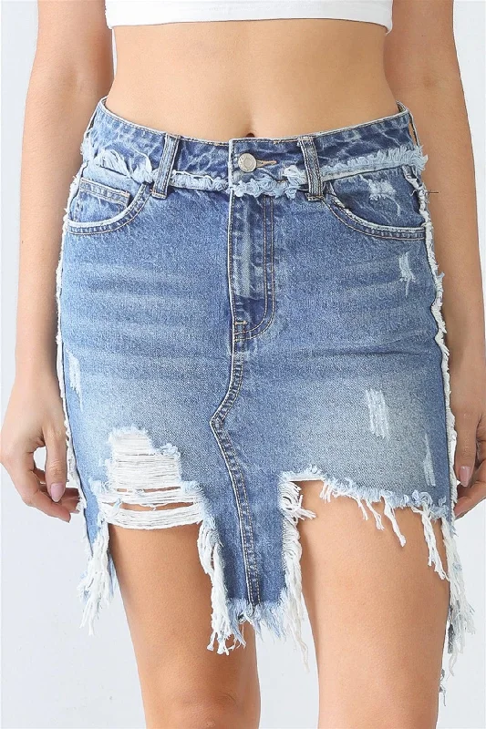 Women's denim skirts with zip closure for easy wear -Denim Five Pocket Trim Torn Hem High Waist Mini Skirt Women's denim skirts with zip closure for easy wear -Denim Five Pocket Trim Torn Hem High Waist Mini Skirt