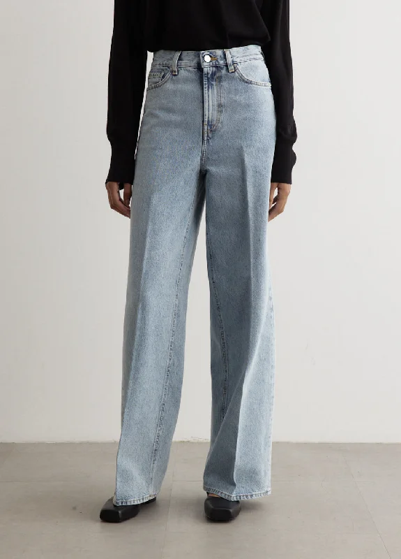 Women's denim jeans with a paper bag waist-Wide Leg Denim Jeans 32"