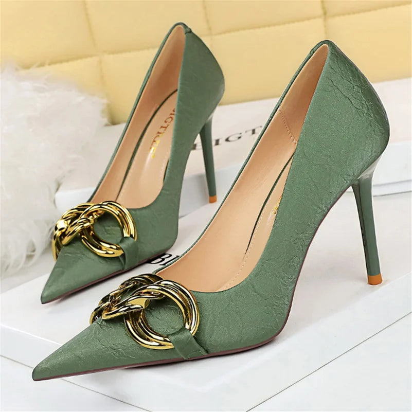 Versatile Dress Heels for Formal and Casual Wear---Women 7.5cm 9.5cm High Heels Escarpins Pumps Lady Metal Chain Low Heels